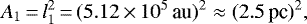 \begin{equation*} A_1\,{=}\,l_1^2\,{=}\,(5.12\,{\times}\,10^5 \,\textrm{au})^2 \approx (2.5 \,\textrm{pc})^2, \end{equation*}