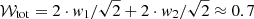 $ \mathcal{W}_{\mathrm{tot}} = 2\cdot \mathit{w}_{1} / \sqrt{2} + 2 \cdot \mathit{w}_{2} / \sqrt{2} \approx 0.7 $
