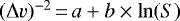 $(\Delta v)^{-2}\,{=}\,a &#x002B; b \times \ln(S)$