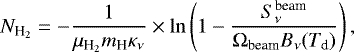 \begin{equation*}N_{\textrm{H}_2} = -\frac{1}{\mu_{\textrm{H}_2} m_{\textrm{H}} \kappa_{\nu}} \times \ln \left(1 - \frac{S_{\nu}^{\textrm{beam}}}{\Omega_{\textrm{beam}} B_{\nu}(T_{\textrm{d}})} \right), \end{equation*}