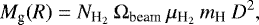 \begin{equation*}M_{\textrm{g}} (R) = N_{\textrm{H}_2} \: \Omega_{\textrm{beam}} \: \mu_{\textrm{H}_2} \: m_{\textrm{H}} \: D^2, \end{equation*}
