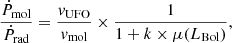 $$ \begin{aligned} \frac{\dot{P}_{\rm mol}}{\dot{P}_{\rm rad}} = \frac{{ v}_{\rm UFO}}{{ v}_{\rm mol}}\times \frac{1}{1+k\times \mu (L_{\rm Bol})}, \end{aligned} $$