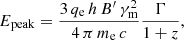 $$ \begin{aligned} E_{\rm peak} = \frac{ 3\,q_{\rm e}\,h\,B^\prime \,\gamma _{\rm m}^2}{4\,\pi \,m_{\rm e}\,c} \frac{\Gamma }{1 + z}, \end{aligned} $$