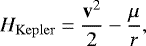 \begin{equation*} H_{\mathrm{Kepler}} = \frac{\mathbf{v}^2}{2} -\frac{\mu}{r}, \vspace*{1pt}\end{equation*}