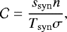 \begin{equation*} \mathcal{C} = \frac{s_{\mathrm{syn}}n}{T_{\mathrm{syn}}\sigma} ,\end{equation*}