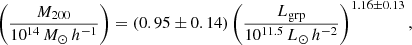 $$ \begin{aligned} \left(\frac{M_{200}}{10^{14}\,M_\odot \,h^{-1}}\right) = (0.95\pm 0.14)\left(\frac{L_{\rm grp}}{10^{11.5}\,L_\odot \,h^{-2}}\right)^{1.16\pm 0.13}, \end{aligned} $$