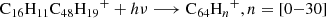 $$ \begin{aligned}&{\mathrm{C}_{16}\mathrm{H}_{11}\mathrm{C}_{48}\mathrm{H}_{19}}^+ + h\nu \longrightarrow {\mathrm{C}_{64}\mathrm{H}_{n}}^+, n=[0{-}30]\end{aligned} $$