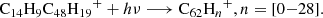 $$ \begin{aligned}&{\mathrm{C}_{14}\mathrm{H}_{9}\mathrm{C}_{48}\mathrm{H}_{19}}^+ + h\nu \longrightarrow {\mathrm{C}_{62}\mathrm{H}_{n}}^+, n=[0{-}28] . \end{aligned} $$