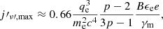 $$ \begin{aligned} j\prime _{\nu \prime ,\mathrm{max} } \approx 0.66\frac{q_\mathrm{e} ^3}{m_\mathrm{e} ^2 c^4}\frac{p-2}{3p-1}\frac{B \epsilon _\mathrm{e} e}{\gamma _\mathrm{m} } , \end{aligned} $$