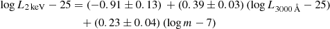 $$ \begin{aligned} \log L_{\rm 2\,keV} -25&= (-0.91\pm 0.13)\,+(0.39\pm 0.03)\,(\log L_{3000\,\AA } -25)\nonumber \\&\quad +(0.23\pm 0.04)\,(\log m -7) \end{aligned} $$