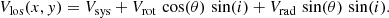 $$ \begin{aligned} V_{\rm los}(x,y) = V_{\rm sys} + V_{\rm rot}\,\cos (\theta ) \, \sin (i) + V_{\rm rad}\,\sin (\theta ) \, \sin (i). \end{aligned} $$