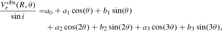 $$ \begin{aligned} \frac{V^\mathrm{obs}_r(R,\theta )}{\sin i}=&a_0+a_1 \cos (\theta )+ b_1 \sin (\theta )\nonumber \\&+ a_2 \cos (2\theta )+ b_2 \sin (2\theta ) + a_3 \cos (3\theta )+ b_3 \sin (3\theta ) , \end{aligned} $$