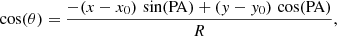 $$ \begin{aligned} \cos (\theta ) = \frac{-(x-x_{0})\, \sin (\mathrm{PA}) + (y-y_{0}) \, \cos (\mathrm{PA})}{R}, \end{aligned} $$