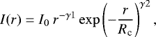 \begin{equation*} I(r) = I_0 ~ r^{-\gamma1} \exp\left(-\frac{r}{R_{\textrm{c}}}\right)^{\gamma2}, \end{equation*}