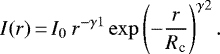 \begin{equation*}I(r) \,{=}\, I_0 ~ r^{-\gamma1} \exp\left(-\frac{r}{R_{\textrm{c}}}\right)^{\gamma2}. \end{equation*}