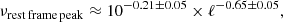 $$ \begin{aligned} \nu _{\rm rest \, frame \, peak} \approx {10}^{-0.21\pm 0.05} \times {\ell }^{-0.65\pm 0.05}, \end{aligned} $$