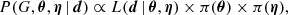 $$ \begin{aligned} P(G, \boldsymbol{\theta }, \boldsymbol{\eta }\,|\, \boldsymbol{d} ) \propto L( \boldsymbol{d} \,| \, \boldsymbol{\theta }, \boldsymbol{\eta }) \times \pi (\boldsymbol{\theta }) \times \pi (\boldsymbol{\eta }), \end{aligned} $$