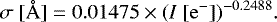 \begin{eqnarray*} \sigma~[\r{A}] = 0.01475 \times (I~[\mathrm{e}^{-}])^{-0.2488}.\end{eqnarray*}