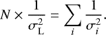 \begin{eqnarray*} N \times {\frac{1}{\sigma_{\mathrm{L}}^2}} = \sum_{i} {\frac{1}{\sigma_i^2}}.\end{eqnarray*}