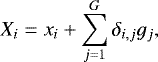 \begin{eqnarray*} X_i = x_i &#x002B; \sum\limits_{j=1}^G \delta_{i,j} g_j,\end{eqnarray*}
