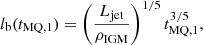 $$ \begin{aligned} l_{\mathrm{b} }(t_{\mathrm{MQ} ,1}) = \left(\frac{L_{\mathrm{jet} }}{\rho _{\mathrm{IGM} }}\right)^{1/5}t_{\mathrm{MQ} ,1}^{3/5}, \end{aligned} $$