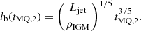 $$ \begin{aligned} l_{\mathrm{b} }(t_{\mathrm{MQ} ,2}) = \left(\frac{L_{\mathrm{jet} }}{\rho _{\mathrm{IGM} }}\right)^{1/5}t_{\mathrm{MQ} ,2}^{3/5}. \end{aligned} $$