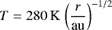 \begin{equation*} T=280\,\textrm{K} \,\left(\frac{r}{\textrm{au}}\right)^{-1/2} \end{equation*}