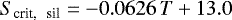 \begin{equation*} S_{\textrm{crit, \, sil}}=-0.0626 \, T&#x002B;13.0\,\end{equation*}