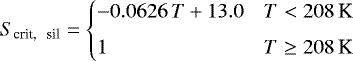 \begin{equation*} S_{\textrm{crit, \, sil}}= \begin{cases} -0.0626 \, T&#x002B;13.0 & T < 208\,\textrm{K}\\[4pt] 1 & T \ge 208\,\textrm{K} \end{cases}\end{equation*}