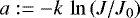 $a:=-k\,\ln\left(J/J_0\right)$