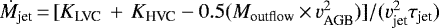 $\dot{M}_{\textrm{jet}}\,{=}\,[K_{\textrm{LVC}}\,&#x002B;\,K_{\textrm{HVC}}-0.5(M_{\textrm{outflow}}\,{\times}\,{v}_{\textrm{AGB}}^{2})]/(v_{\textrm{jet}}^{2} \tau_{\textrm{jet}})$