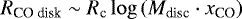 ${R_{\textrm{CO\ disk}}} \sim {R_{\textrm{c}}} \log \left({M_{\textrm{disc}}}\cdot x_{\textrm{CO}}\right)$