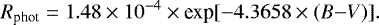 \begin{equation*} R_{\textrm{phot}} = 1.48 \times 10^{-4} \times {\textrm{exp}}[-4.3658 \times (B{-}V)]. \end{equation*}