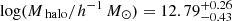 $ {\log ( M_\text{ halo} / h^{-1}\,{M}_\odot )}= {12.79}_{-{0.43}}^{+{0.26}} $
