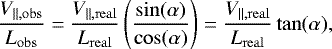 \begin{equation*}\frac{V_{\|,\mathrm{obs}}}{L_{\mathrm{obs}}} = \frac{V_{\|,\mathrm{real}}}{L_{\mathrm{real}}} \left(\frac{\sin(\alpha)}{\cos(\alpha)}\right) = \frac{V_{\|,\mathrm{real}}}{L_{\mathrm{real}}}\tan(\alpha), \end{equation*}