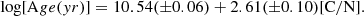 $$ \begin{aligned} \log [\mathrm Age(yr)]=10.54(\pm 0.06)+2.61(\pm 0.10)\mathrm{[C/N]}. \end{aligned} $$