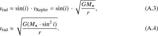 \begin{align*} v_{\mathrm{rad}} &\approx \sin(i) \, \cdot v_{\mathrm{Kepler}} = \sin(i) \, \cdot \sqrt{\frac{GM_{\star}}{r}}, \\ v_{\mathrm{rad}} &\approx \sqrt{\frac{G(M_{\star} \cdot \sin^2 i)}{r}}.\end{align*}