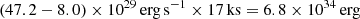 $$ \begin{aligned} (47.2-8.0)\times 10^{29}\,{\mathrm{erg\,s}}^{-1} \times 17\,{\mathrm{ks}} =6.8\times 10^{34}\,{\mathrm{erg}} \end{aligned} $$