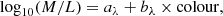 $$ \begin{aligned} \log _{10} (M/L) = a_{\lambda } + b_{\lambda } \times \mathrm{colour}, \end{aligned} $$