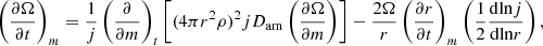 $$ \begin{aligned}&\left( \frac{\partial \Omega }{\partial t}\right)_m=\frac{1}{j}\left( \frac{\partial }{\partial m}\right)_t \left[ (4\pi r^2 \rho )^2jD_{\mathrm{am}} \left( \frac{\partial \Omega }{\partial m}\right) \right]-\frac{2\Omega }{r}\left(\frac{\partial r}{\partial t}\right)_m\left( \frac{1}{2}\frac{\mathrm{d}\mathrm{ln} j }{\mathrm{d}\mathrm{ln} r }\right), \end{aligned} $$