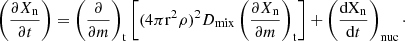 $$ \begin{aligned}&\left(\frac{\partial X_{\mathrm{n}}}{\partial t} \right)=\left(\frac{\partial }{\partial m }\right)_{\mathrm{t}} \left[ (4\pi \mathrm{r}^2\rho )^2 D _{\mathrm{mix}}\left( \frac{\partial {X_{\rm n}}}{\partial m}\right)_{\mathrm{t}} \right]+\left(\frac{\mathrm{dX_n}}{\mathrm{d}t}\right)_{\mathrm{nuc}}\cdot \end{aligned} $$