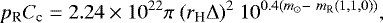 \begin{equation*} p_{\textrm{R}}C_{\textrm{c}} = 2.24\times10^{22}\pi~(r_{\textrm{H}}\Delta)^2~10^{0.4(m_{\odot} -~m_{\textrm{R}}(1, 1, 0))},\end{equation*}