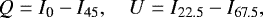 \begin{equation*} Q = I_{\textrm{0}} - I_{\textrm{45}}, ~~~~U = I_{\textrm{22.5}} - I_{\textrm{67.5}},\end{equation*}