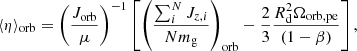 $$ \begin{aligned} \langle \eta \rangle _\mathrm{orb} = \left(\frac{J_\mathrm{orb} }{\mu }\right)^{-1}\left[ \left(\frac{\sum _i^N J_{z,i}}{N m_{\rm g}}\right)_\mathrm{orb} - \frac{2}{3} \frac{R_\mathrm{d} ^2\Omega _{\rm orb, pe}}{(1-\beta )}\right], \end{aligned} $$