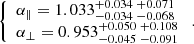 $$ \begin{aligned} \left\{ \begin{array}{ll} \alpha _\parallel =1.033^{+0.034}_{-0.034}\,^{+0.071}_{-0.068}\\ \alpha _\perp =0.953^{+0.050}_{-0.045}\,^{+0.108}_{-0.091} \end{array}\right.. \end{aligned} $$
