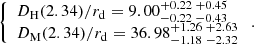 $$ \begin{aligned} \left\{ \begin{array}{ll} D_{\rm H}(2.34)/r_{\rm d}=9.00^{+0.22}_{-0.22}\,^{+0.45}_{-0.43} \\ D_{\rm M}(2.34)/r_{\rm d}=36.98^{+1.26}_{-1.18}\,^{+2.63}_{-2.32} \end{array}\right.. \end{aligned} $$