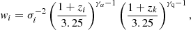 $$ \begin{aligned} { w}_{i} = \sigma _{i}^{-2}\left(\frac{1+z_{i}}{3.25}\right)^{\gamma _{\alpha }-1}\left(\frac{1+z_{k}}{3.25}\right)^{\gamma _{\rm q}-1}, \end{aligned} $$