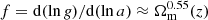 $ f=\mathrm{d}(\ln \mathit{g})/\mathrm{d}(\ln a)\approx\Omega_{\mathrm{m}}^{0.55}(z) $