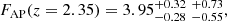 $$ \begin{aligned} F_{\rm AP}(z=2.35) = 3.95_{- 0.28 }^{+ 0.32 }\;_{- 0.55 }^{+ 0.73 } , \end{aligned} $$