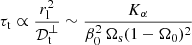$$ \begin{aligned} \tau _\mathrm{ t} \propto \frac{r_\mathrm{ l}^2}{\mathcal{D} _\mathrm{ t}^\perp } \sim \frac{K_\alpha }{\beta _0^2 \, \Omega _\mathrm{ s} (1 - \Omega _0)^2} \end{aligned} $$
